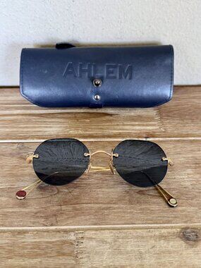 AHLEM Made In France Place Rodin Rose Gold Rimless Blue Tint Sunglasses W/ Case